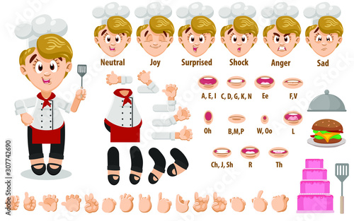 Cartoon cook, chef woman constructor for animation. Parts of body: legs, arms, face emotions, hands gestures, lips sync. Full length, front, three quater view. Set of ready to use poses, objects.