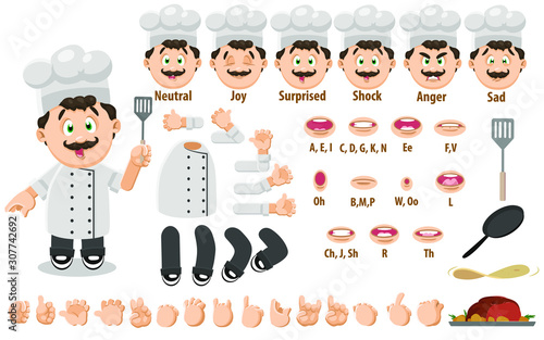 Cartoon cook, chef man constructor for animation. Parts of body: legs, arms, face emotions, hands gestures, lips sync. Full length, front, three quater view. Set of ready to use poses, objects.