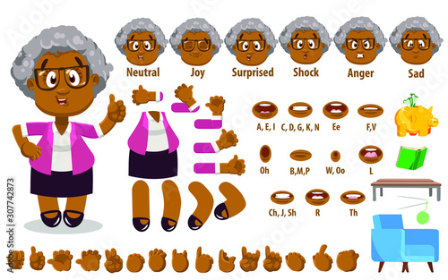 Cartoon afro-american old woman constructor for animation. Parts of body: legs, arms, face emotions, hands gestures, lips sync. Full length, front, three quarter view. Set of ready to use poses