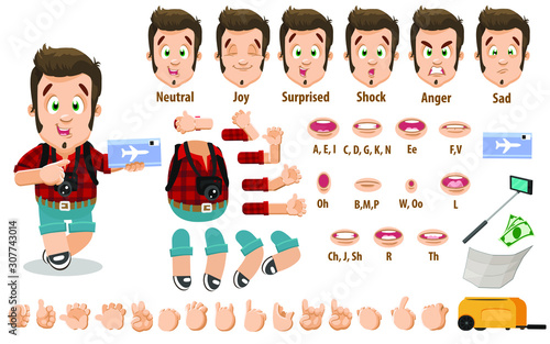 Cartoon tourist young man constructor for animation. Parts of body: legs, arms, face emotions, hands gestures, lips sync. Full length, front, three quarter view. Set of ready to use poses, objects.