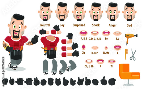 Cartoon brunet barber constructor for animation. Parts of body: legs, arms, face emotions, hands gestures, lips sync. Full length, front, three quarter view. Set of ready to use poses, objects