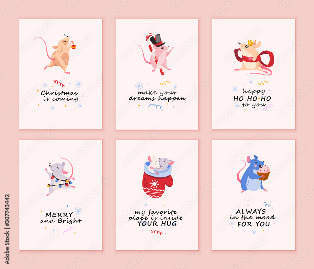 Collection of Merry Christmas cards with mice. Mouse characters with holiday lettering greetings, phrases, quotes, gift prints. Collection of Merry Christmas cards with mice. Mouse characters with holiday lettering greetings, phrases, quotes, gift prints.