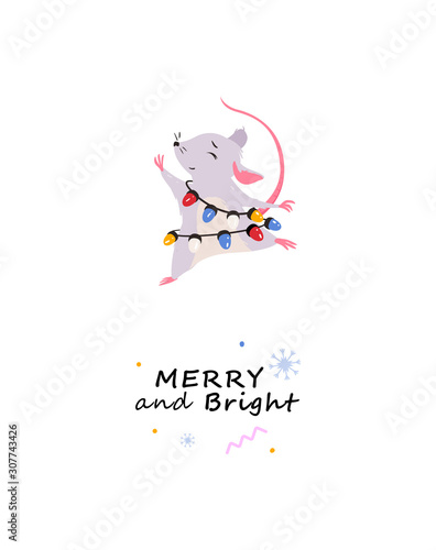 Merry Christmas card with dancing mouse. Mouse character with holiday Christmas lights with cute design lettering - greetings, quotes. 