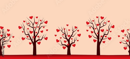 Valentine's day background. Seamless border. Silhouettes of trees with red hearts in the picture. Vector illustration