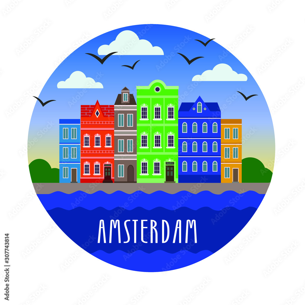 Holland vector stock tourist postcard with colorful architectural buildings, clouds and birds. Isolated illustration on a white background of a European city with facades of houses and the sea.