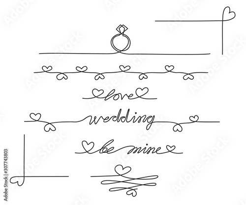 Wedding ring. Continuous one line drawing love text and border  be mine typography lettering script font typographic lineart design. Minimalism concept of romantic. Card, banner, and poster sign