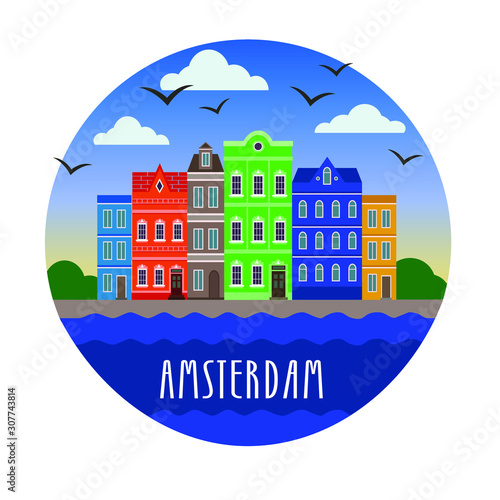 Holland vector stock tourist postcard with colorful architectural buildings, clouds and birds. Isolated illustration on a white background of a European city with facades of houses and the sea.