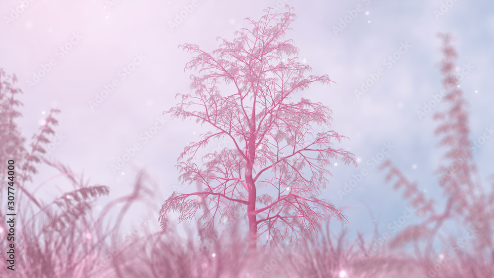 Pink tree and grass. Futuristic landscape. Abstract 3d render. Pink tree and grass. Futuristic landscape. Abstract 3d render.