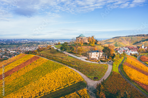 Aerial view of the "Grabkapelle" surrounded by vineyards in autumn over Stuttgart, Germany