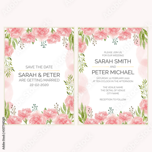 Carnation floral wedding invitation card in watercolor style