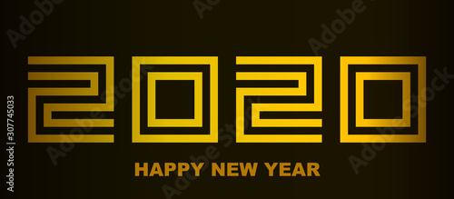 Happy New Year 2020 - greeting card, flyer, poster, invitation - square font outline, golden numbers - vector