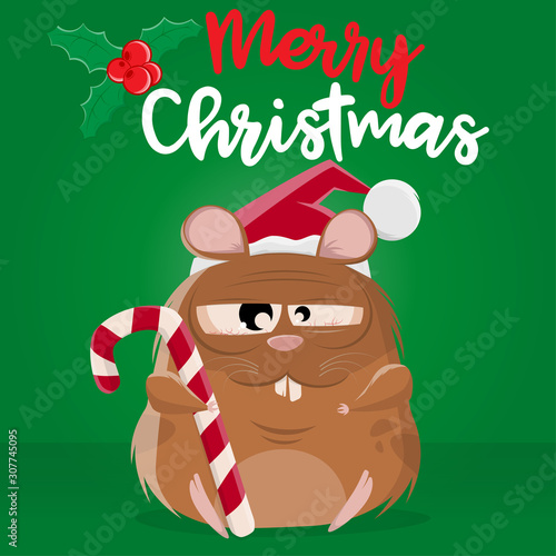 funny cartoon illustration of a stoned looking crazy hamster wishing a merry christmas