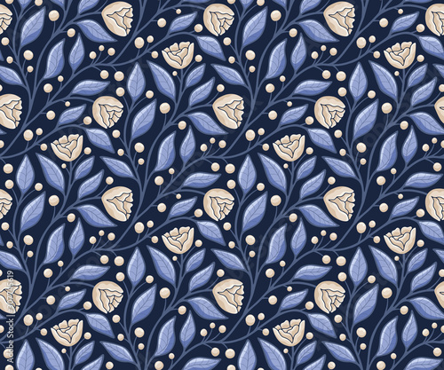 Rose flowers and leaves vines, seamless vector pattern, in blue and cream on dark blue background