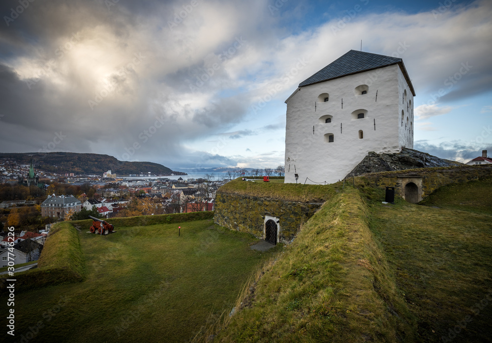 Kristiansten fortress white building in Trondheim, Norway