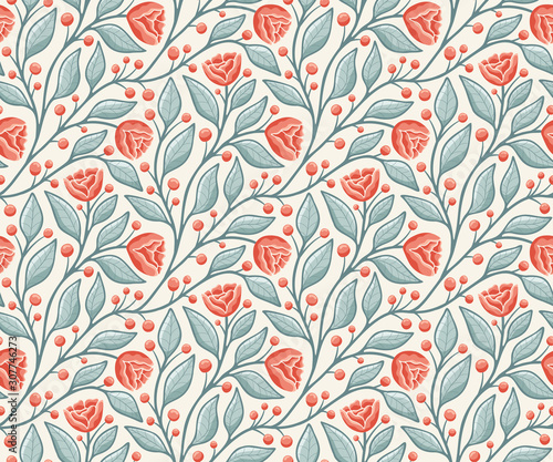 Rose flowers and leaves vines, seamless vector pattern, in apricot and blue on light background