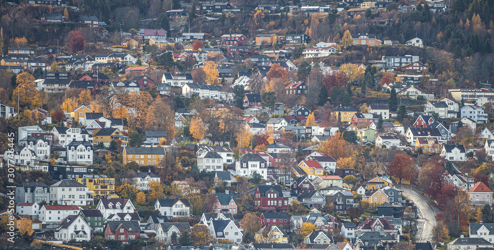 Wooden colorful houses and architecture of norwegian town.