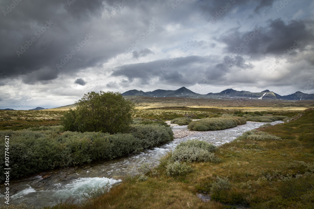 Autumn in Rondane National Park, mountain range and dark, cloudy sky, Norway. Autumn in Rondane National Park, mountain range and dark, cloudy sky, Norway.