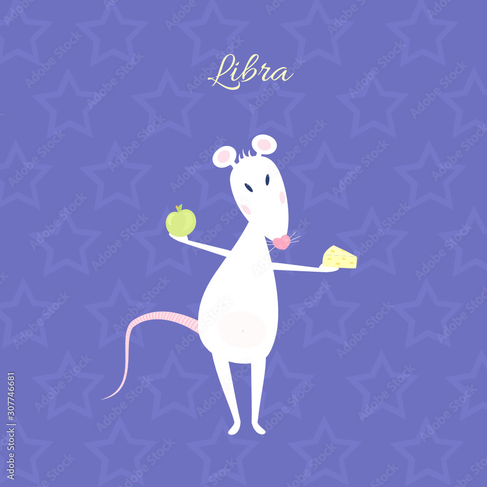 Fototapeta premium Funny and cute cartoon vector zodiac sign with rat. The Scales (Libra). White mouse with heart shaped nose is holding apple in a right hand and cheese in a left hand. Purple starry night background