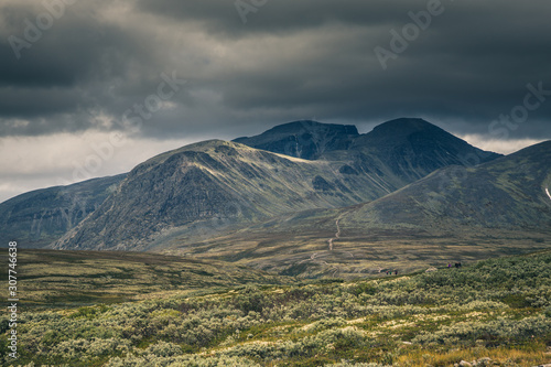 Autumn in Rondane National Park, mountain range and dark, cloudy sky, Norway.