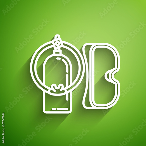 White line Diving mask and aqualung icon isolated on green background. Oxygen tank for diver. Extreme sport. Sport equipment. Vector Illustration