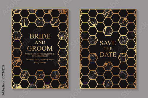 Set of modern geometric luxury wedding invitation design or card templates for business or presentation or greeting with golden hexagons on a black and marble background.