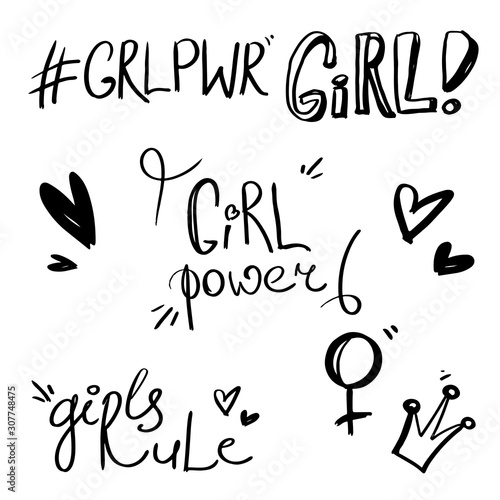Hand made black lettering on white vector power girls, girls rule, hashtag, hearts and crowns. Slogan, phrase for prints of sweatshirts, t-shirts, stickers.