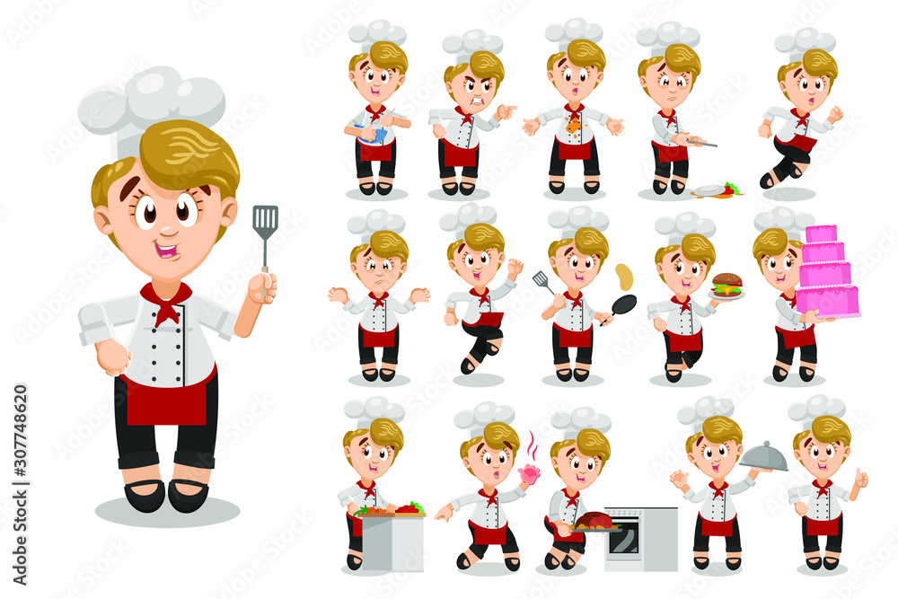 Big vector cartoon set of blond woman, chef, cook in various poses - cooking, carrying tier cake, hot dish, hamburger, dropping tray, cutting vegetables, looking to burnt palm, jumping for joy,