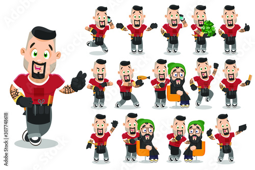 Young bearded man with tattoo, barber showing peace, victory gesture, thumb up, serving client, running, taking selfie, keeping lots of money, hairdryer, scissor, is angry. Big vector cartoon set.