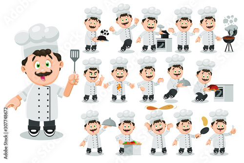 Big vector cartoon set with mustached chef in uniform who cooking, cutting vegetables, keeping hot dish, jumping for joy, looking to burnt food, bandaged thumb, making helpless gesture, middle finger.