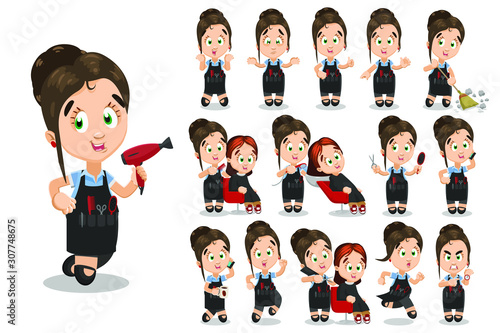 Big vector cartoon set of brown haired young woman, hairdresser, hair stylist in different poses- serving client, speaking by smartphone,  sweeping floor, showing thumbs up,  helpless gestures,