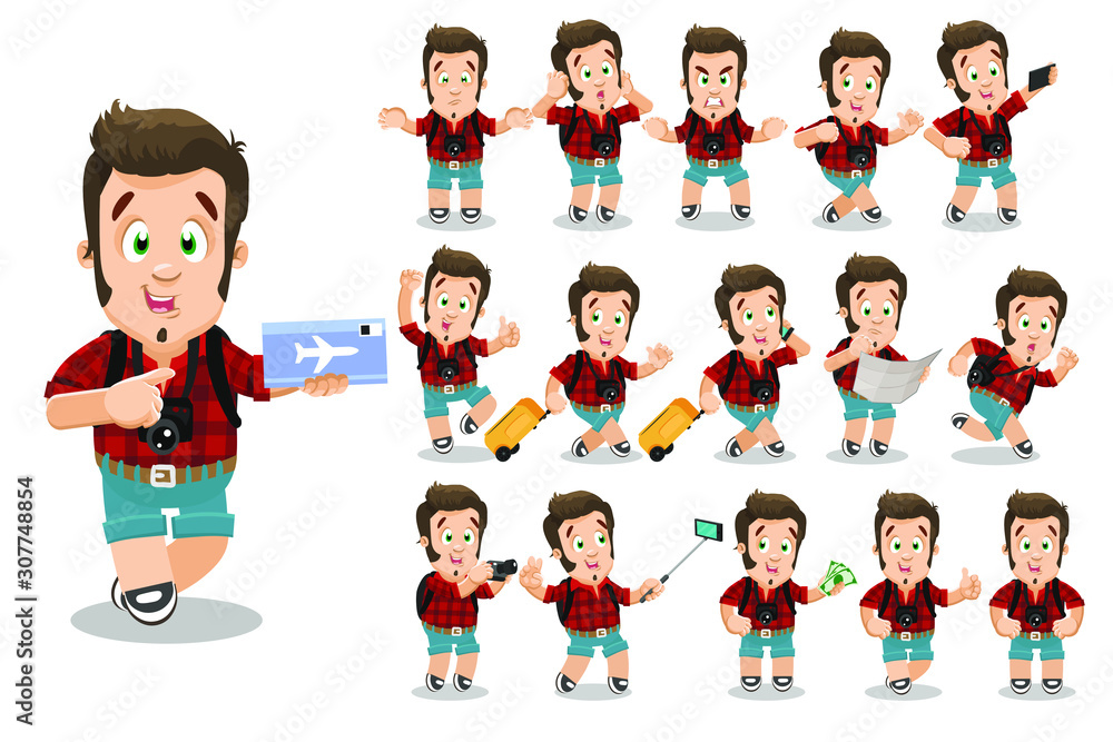 Big vector cartoon set with guy, tourist, photographer who taking picture, selfie, going with suitcase, running, holding air ticket, banknotes, showing thumb up, fists, speaking by smartphone.