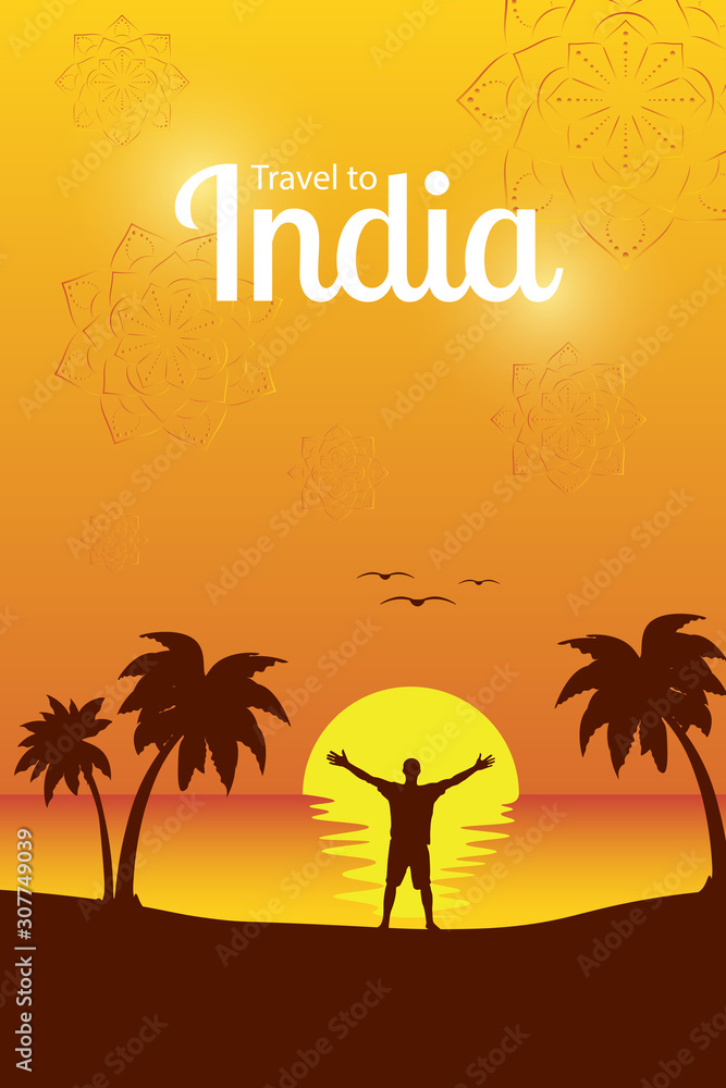 Fototapeta premium Travel to India and Asia. Man stands with open arms on a beach under a palm tree on background sunset landscape. The concept of a trip to a tropical country and the sea. Vector illustration for card.