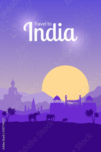 Travel to Delhi, India and Asia. Mountain sunset landscape with architectural landmarks, Buddha, elephants and palm tree. Concept of tourist trips, outdoor adventures. Flat vector illustration.