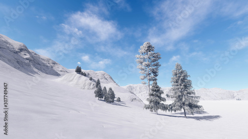 Tree in Snow Weather, Winter Background, 3D Rendering © Lasha Kilasonia