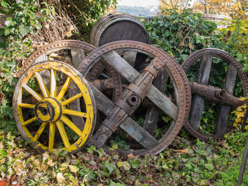 Old wooden and iron wagon wheels