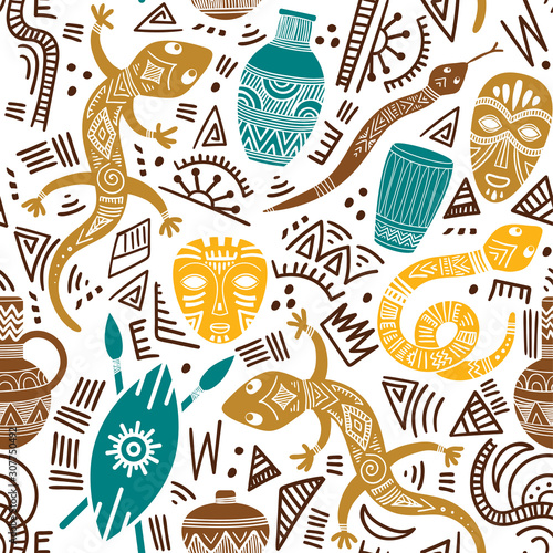Ethnic seamless pattern with African motifs. Vector illustration. Perfect for textile print, wallpaper, cloth design, tissue, wrapping paper and fabric design.