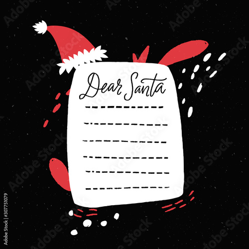 Funny letter with Dear Santa text, blank wishlist template. Hand drawn artistic design layout for kids print, Christmas gifts checklist.