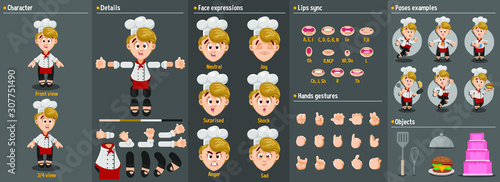 Cartoon cook, chef woman constructor for animation. Parts of body: legs, arms, face emotions, hands gestures, lips sync. Full length, front, three quarter view. Set of ready to use poses, objects
