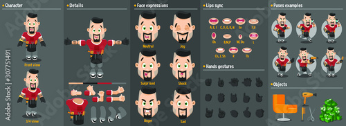 Cartoon brunet barber constructor for animation. Parts of body: legs, arms, face emotions, hands gestures, lips sync. Full length, front, three quarter view. Set of ready to use poses, objects