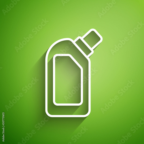 White line Plastic bottle for liquid laundry detergent, bleach, dishwashing liquid or another cleaning agent icon isolated on green background. Vector Illustration