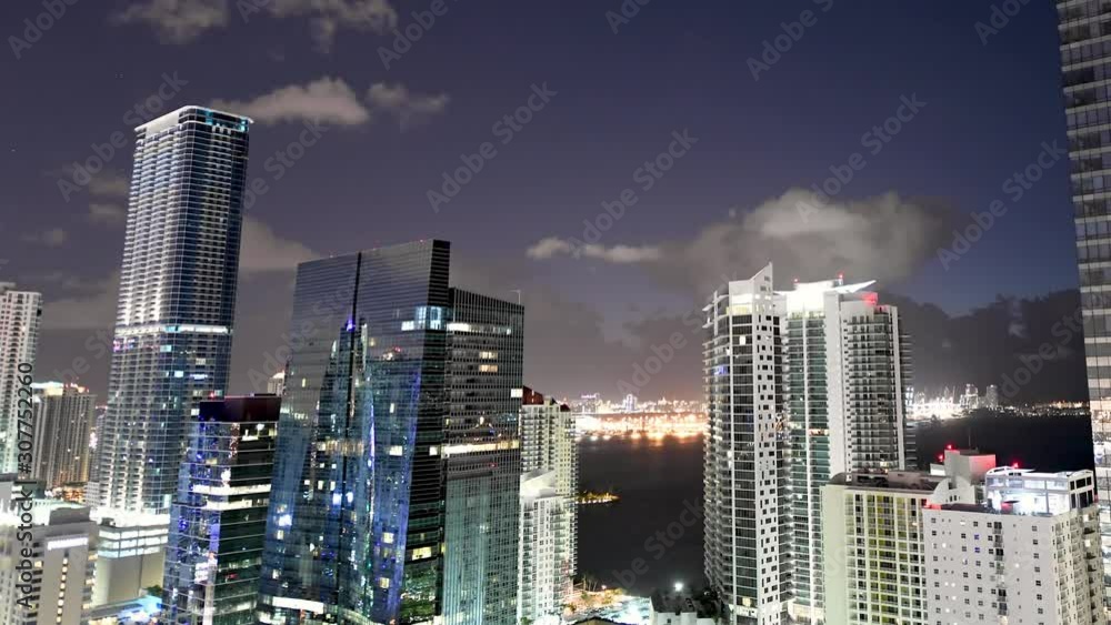 Time Lapse of Downtown Miami at night. Aerial view from a high viewpoint