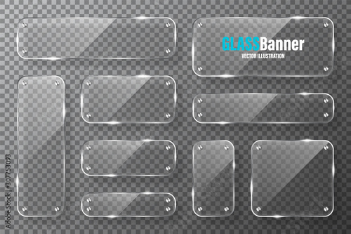 Glass frames with metal holder collection. Realistic transparent glass banner with glare. Mockup design element. Vector illustration.