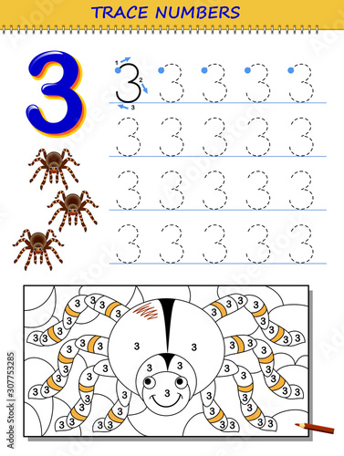 Educational page for kids with number 3. Printable worksheet for children textbook. Developing skills of counting, writing and tracing. Baby coloring book. Back to school. Vector image.
