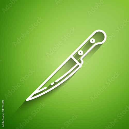 White line Knife icon isolated on green background. Cutlery symbol. Vector Illustration