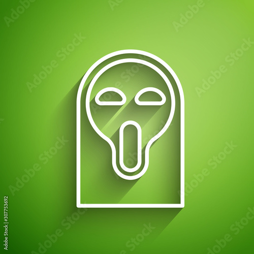 White line Funny and scary ghost mask for Halloween icon isolated on green background. Happy Halloween party. Vector Illustration