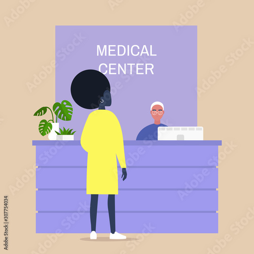 Medical center reception desk, young black female character waiting for a doctor appointment, healthcare and lifestyle