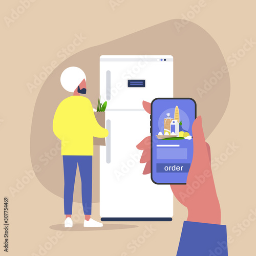 Online supermarket, ordering food delivery with a smartphone, young indian male character standing in front of the fridge and holding a grocery paper bag