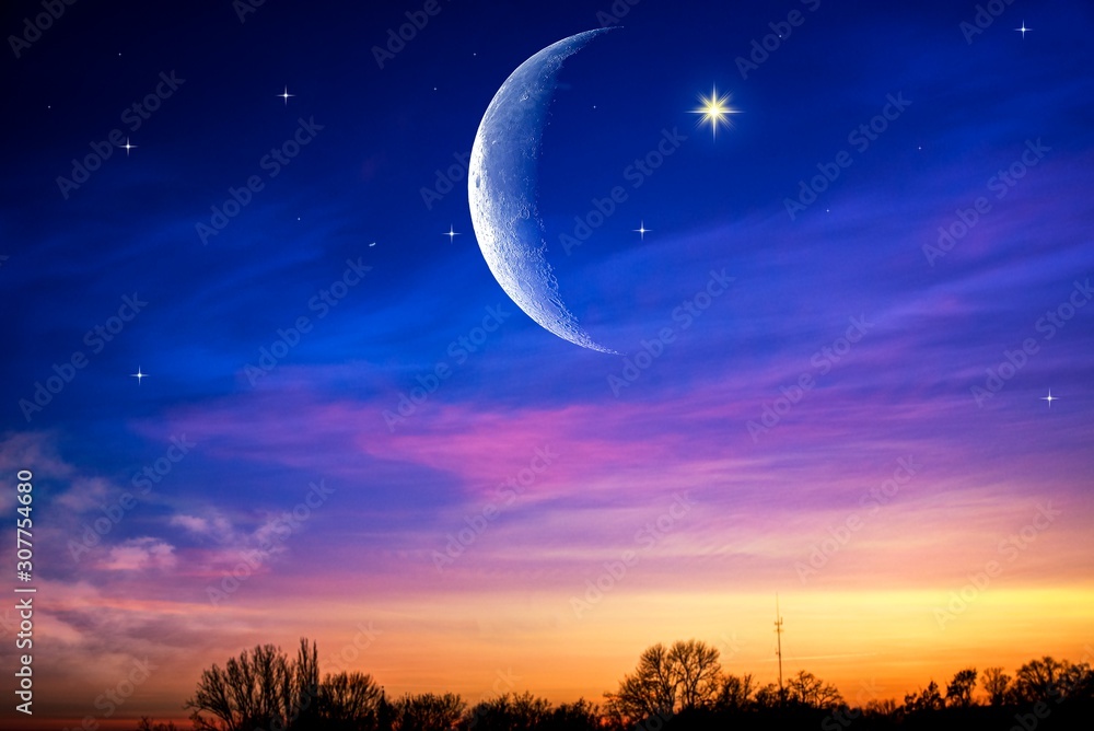 New moon . Religion background . The sky at night with stars. New moon . Religion background . The sky at night with stars.
