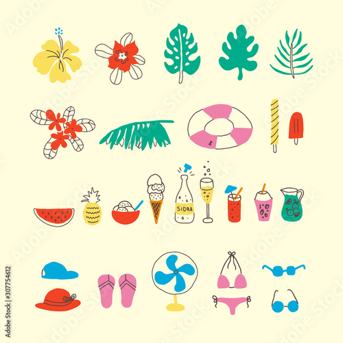 Latin american summer time. Colorful illustration of summer vacations and beach essential elements, leaves and flowers. Tropical vibes, happy and fun 