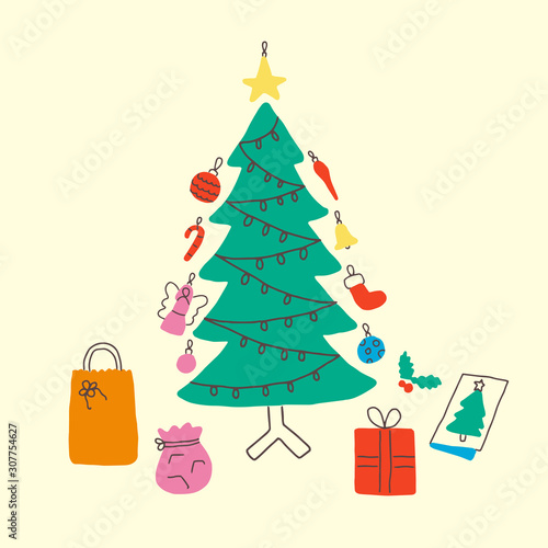 Latin american summer christmas, colorful warm illustration. A decorated christmas tree, gifts, bags, greeting card and christmas lights. Tropical vibes, happy and fun 